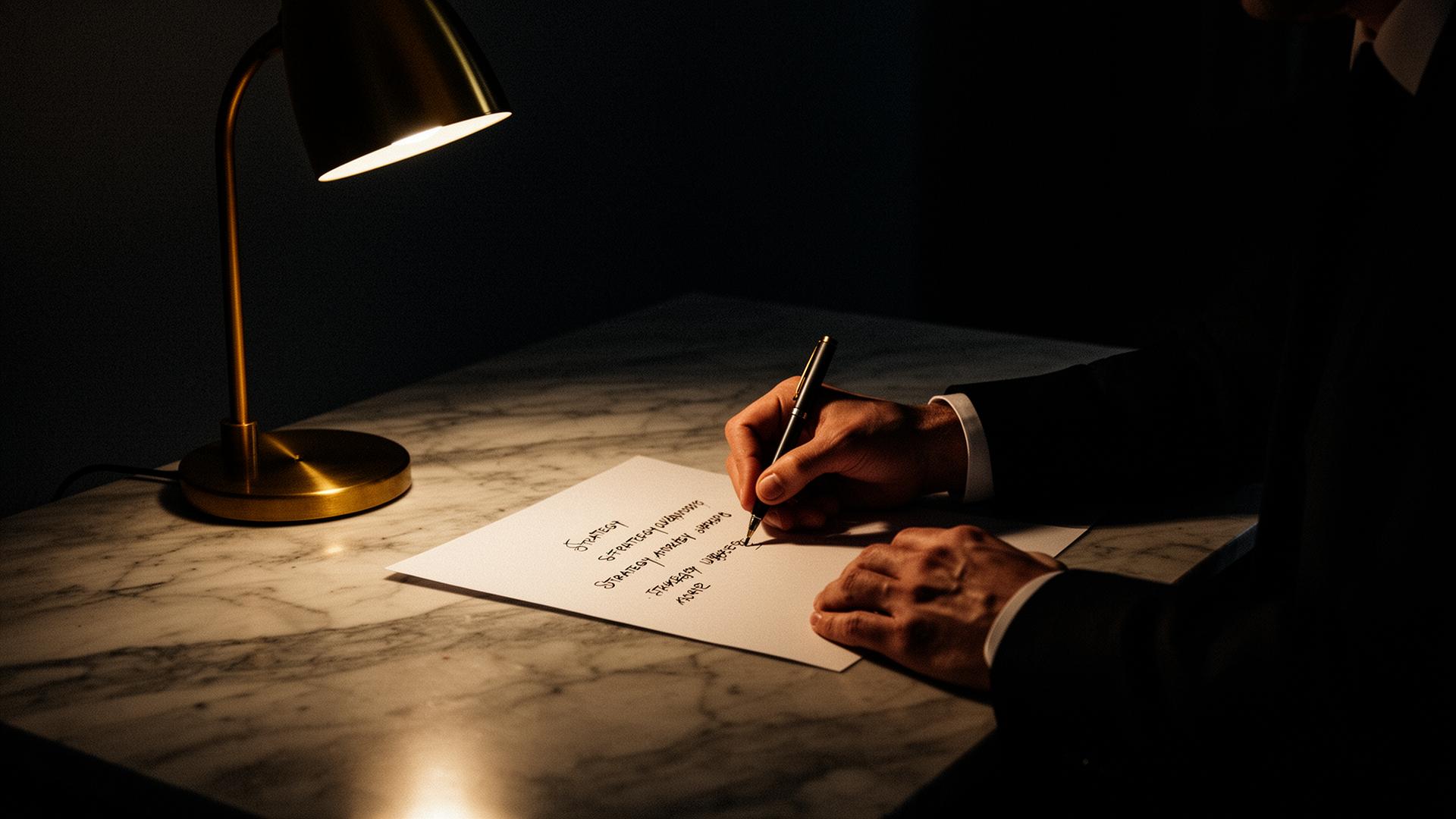 Hands writing strategy at a marble desk under a gold lamp