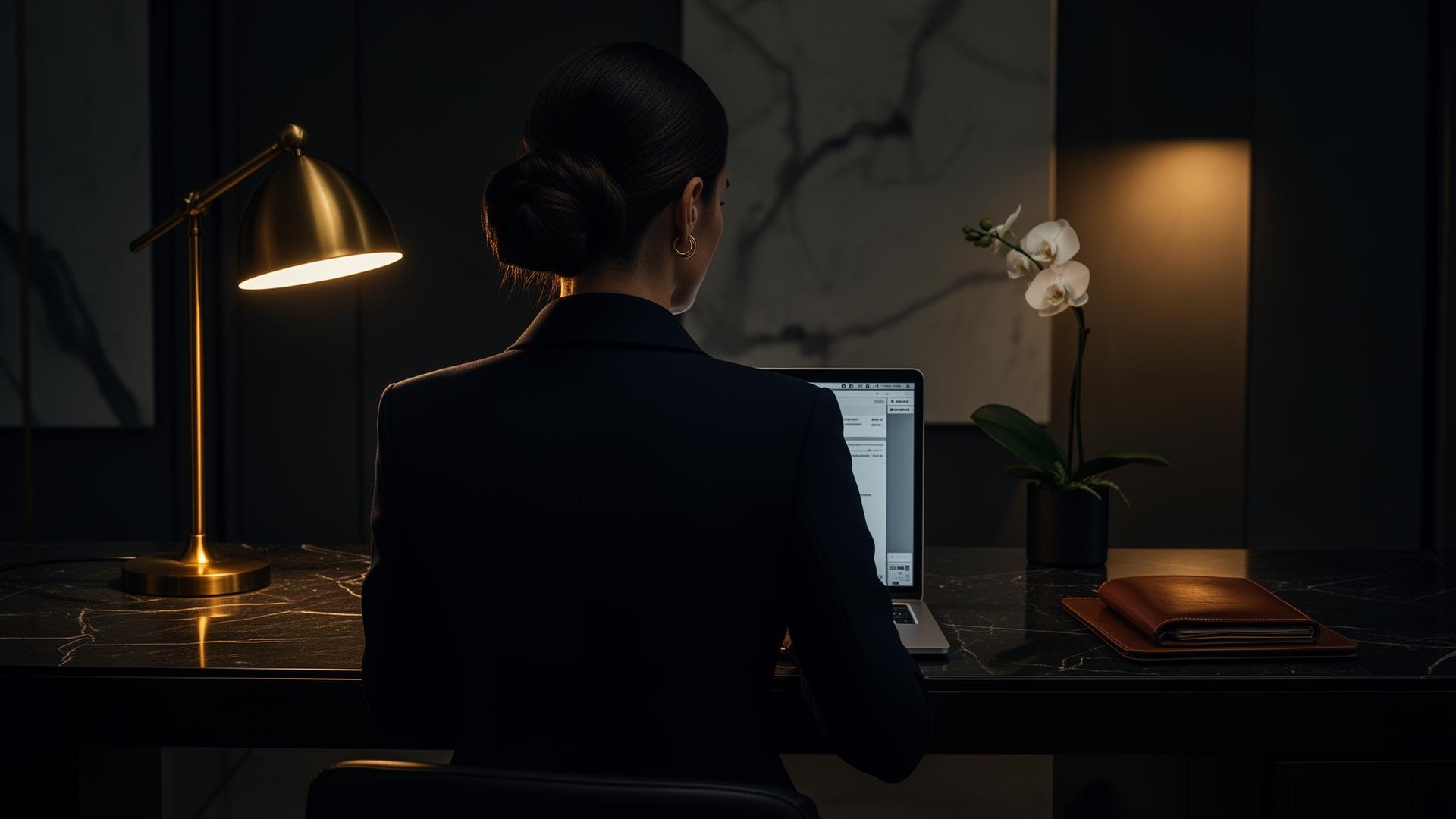 Shadow operator at her desk, working on a laptop in an elegant noir workspace